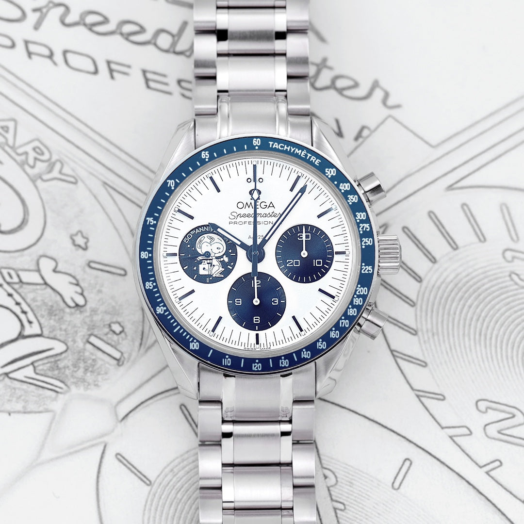 Omega Speedmaster 50th Anniversary 310.32.42.50.02.001 : Silver with Blue sub-dial "Silver Snoopy Award"