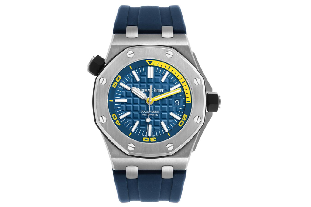 Audemars Piguet Royal Oak Offshore Diver 15710ST.OO.A027CA.01 : Blue "Méga Tapisserie" with yellow accents