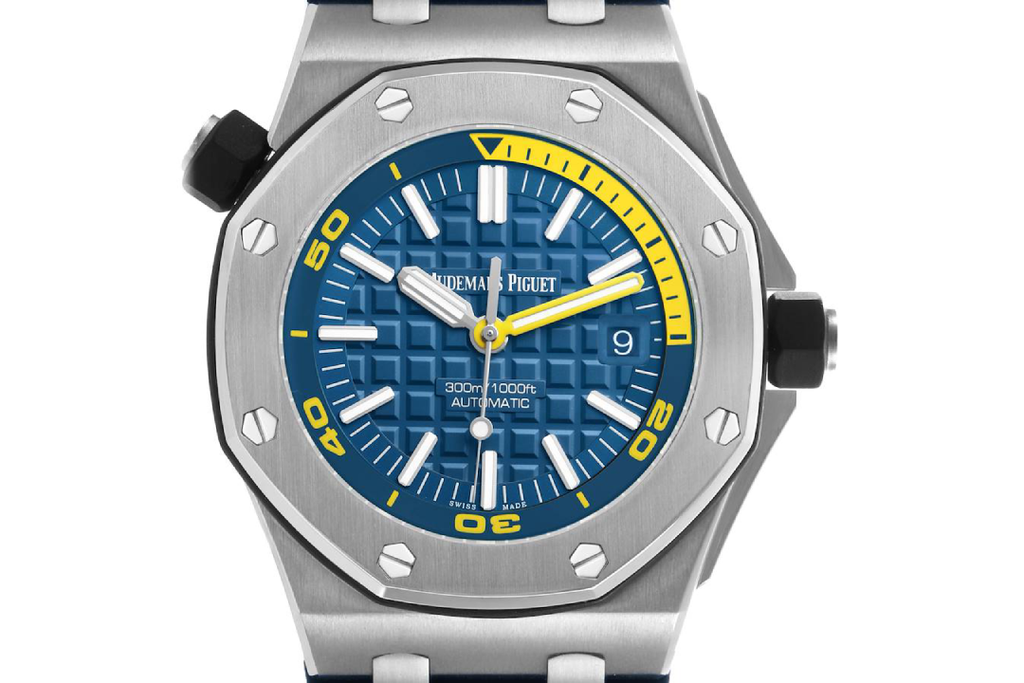 Audemars Piguet Royal Oak Offshore Diver 15710ST.OO.A027CA.01 : Blue "Méga Tapisserie" with yellow accents